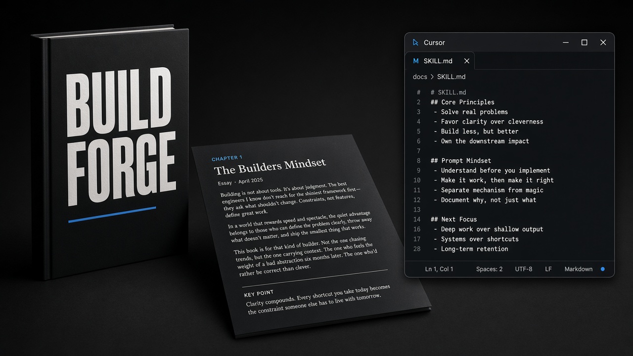 BuildForge cover beside an open PDF page and a Cursor window showing SKILL.md