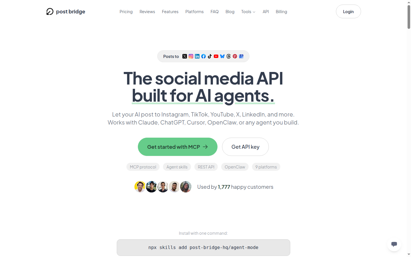 Post Bridge agents landing — post across platforms from an AI agent