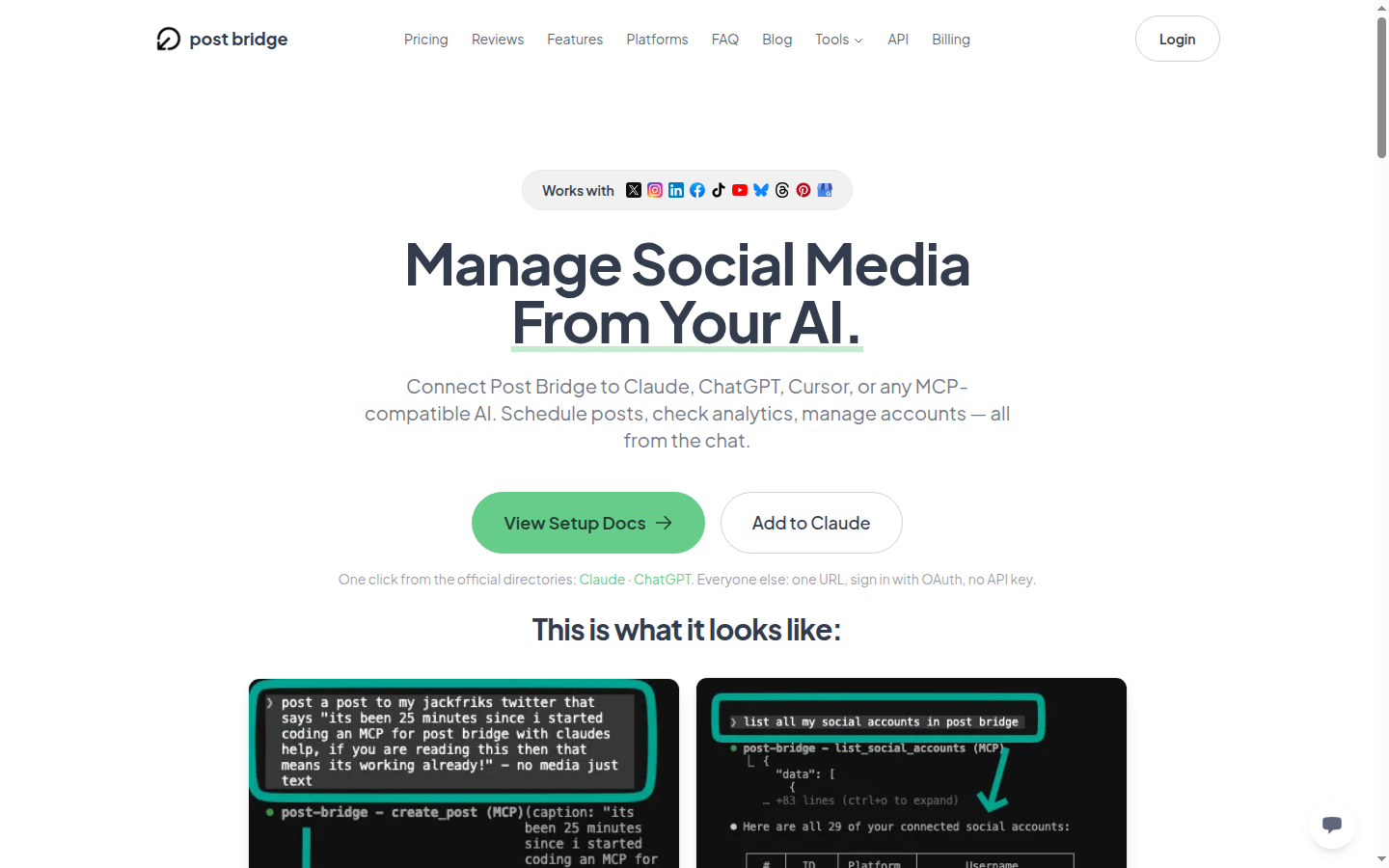 Post Bridge MCP page — connect Claude, ChatGPT, Cursor, or Grok to schedule social posts