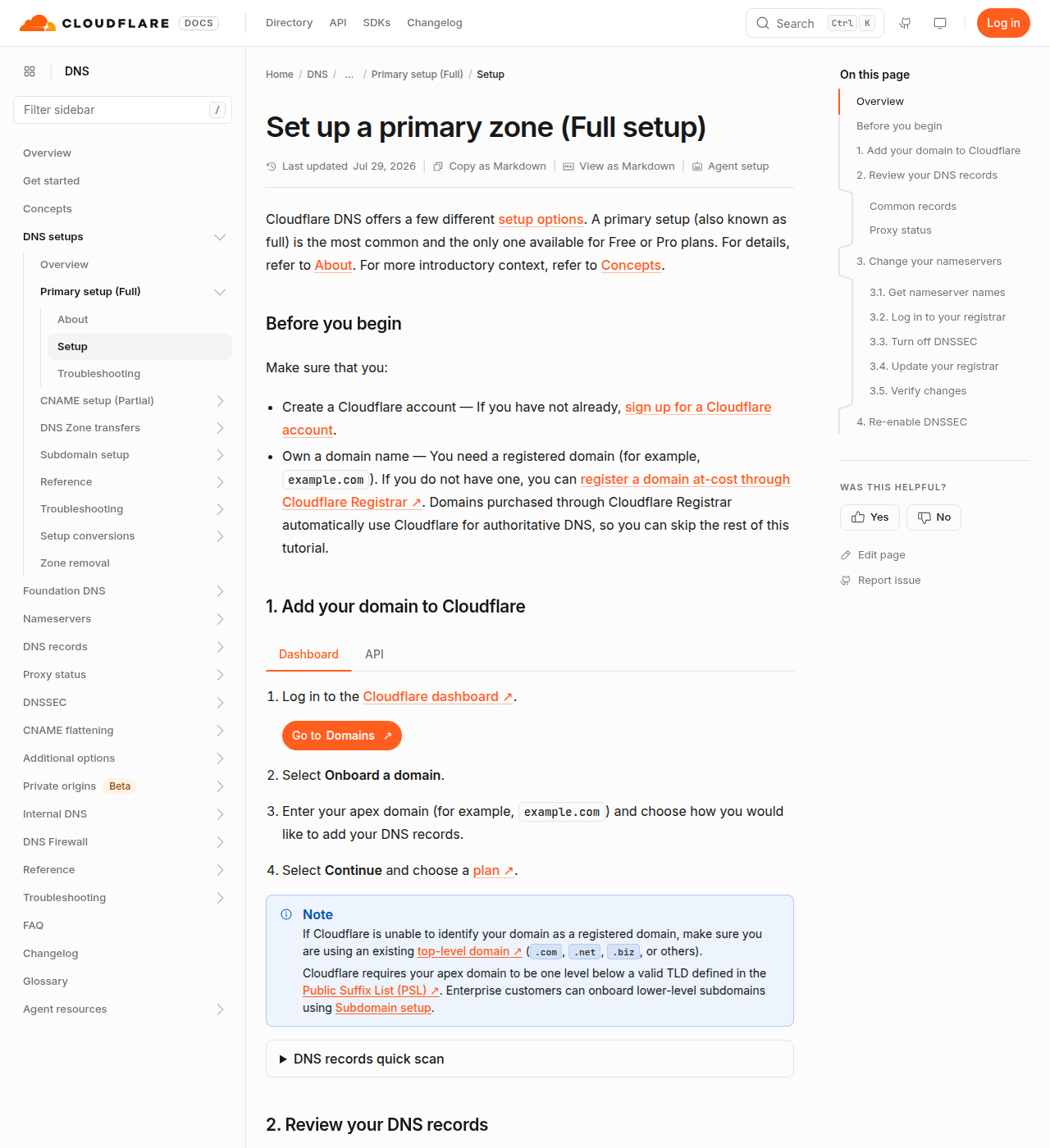 Cloudflare docs — set up a primary zone / full setup