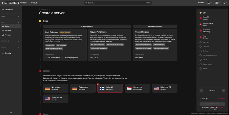 Hetzner Console create-server — Type, Location, Image, SSH key