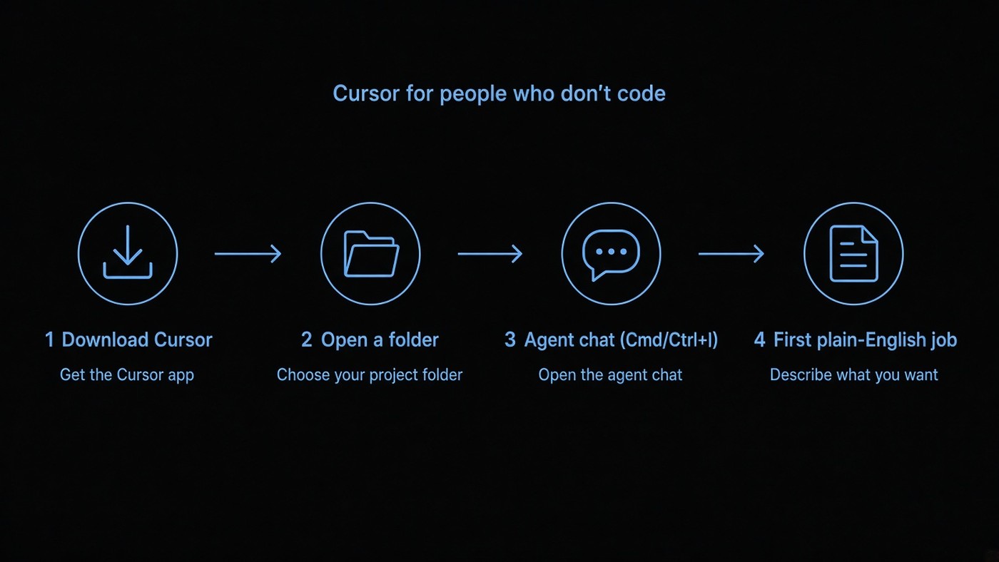 Four-step flow: Download Cursor, open a folder, Agent chat, first plain-English job