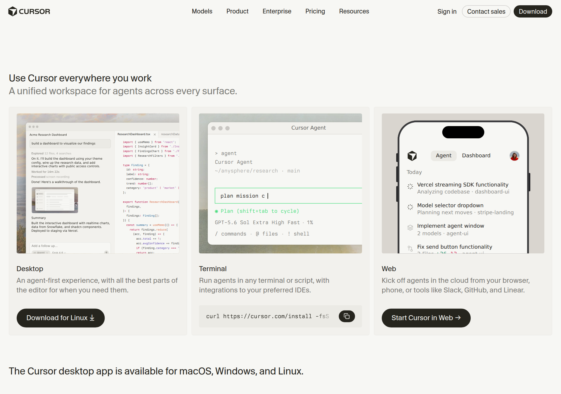 Cursor downloads — Desktop / Terminal / Web