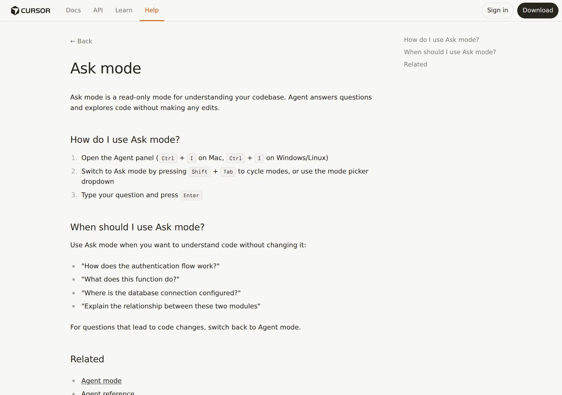 Ask mode help page