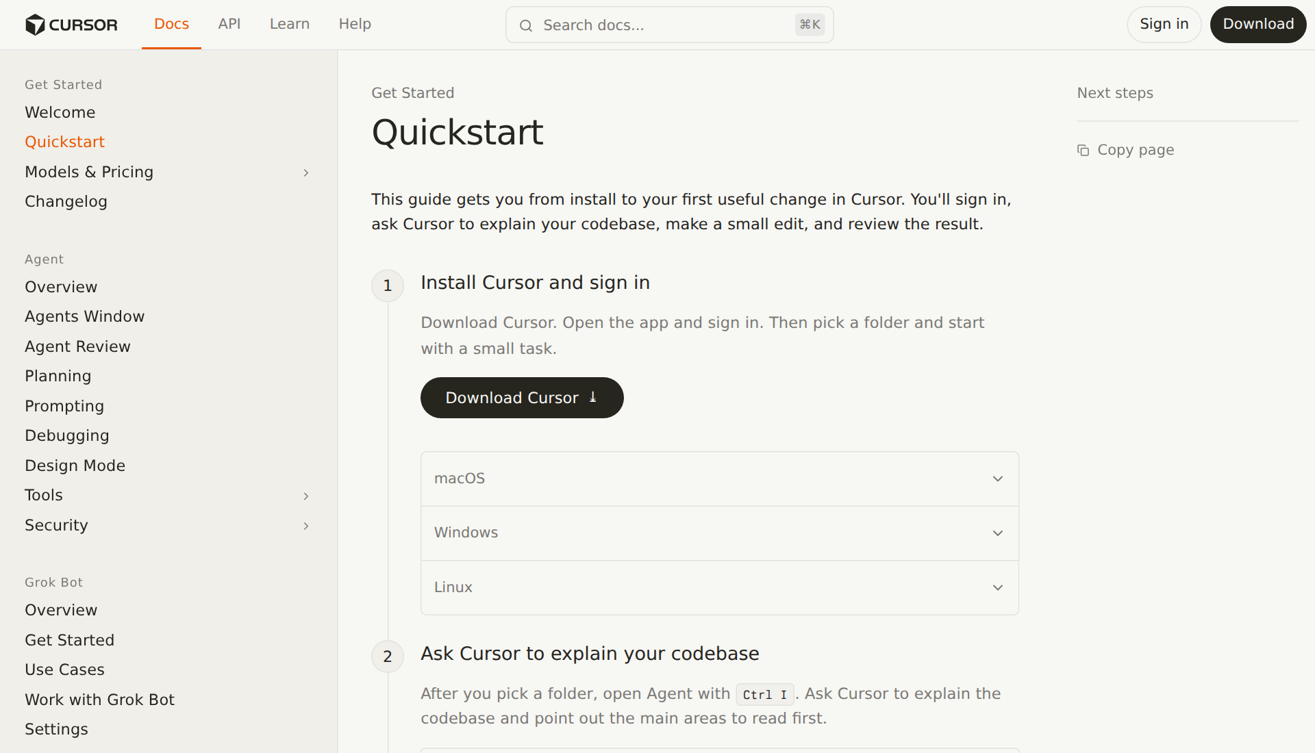 Official Quickstart — install and first Agent prompt