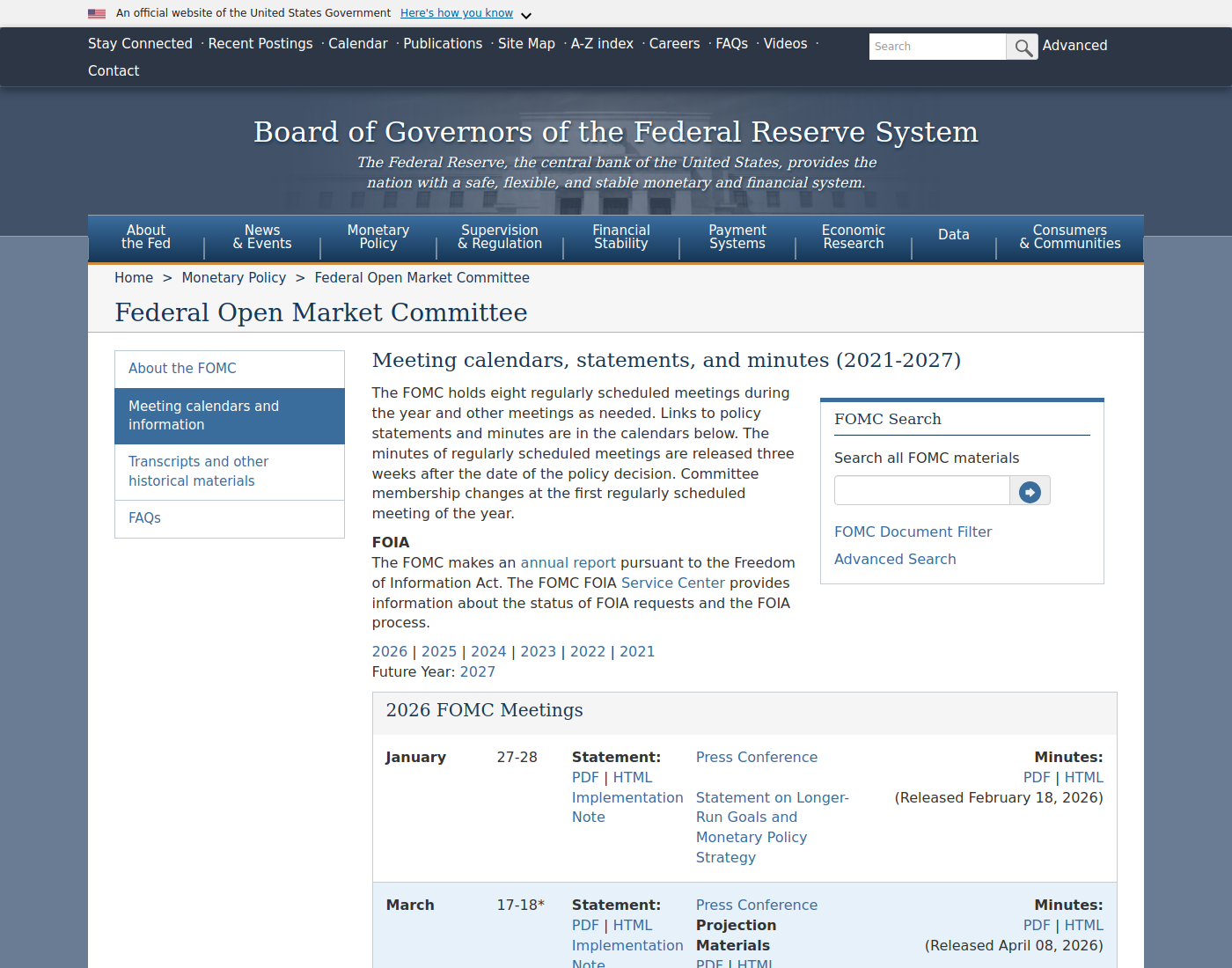 Federal Reserve — FOMC calendars