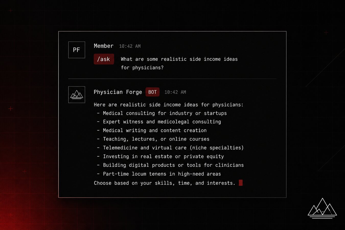 Physician Forge Discord bot answering /ask in a dark aerospace chat panel
