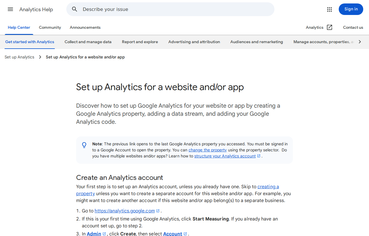 Google Help — set up Analytics for a website