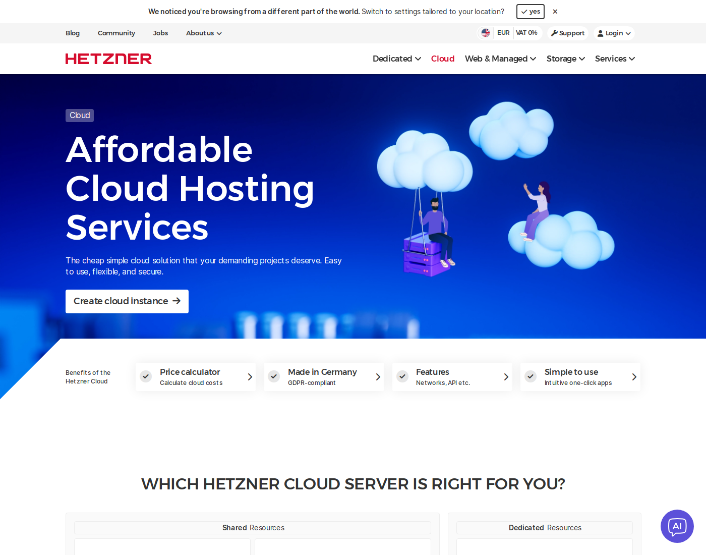 Hetzner Cloud marketing page — Create cloud instance
