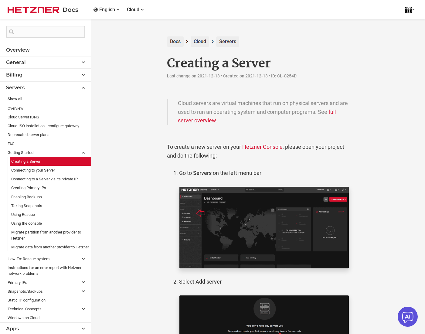 Hetzner docs — Creating a Server