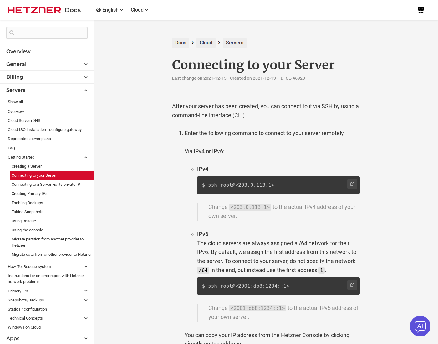 Hetzner docs — connecting to your server