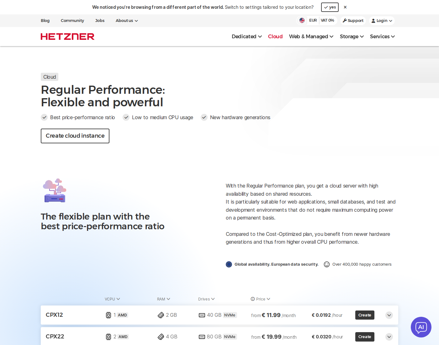 Hetzner Regular Performance plans — CPX12 / CPX22 pricing