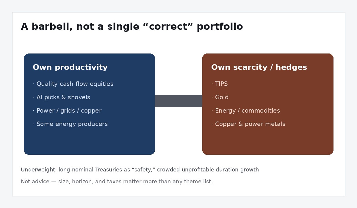 Barbell diagram — own productivity on one side, scarcity hedges on the other