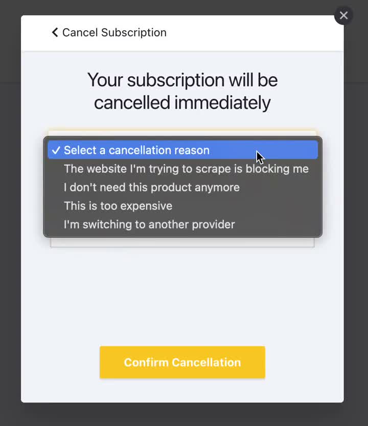 Cancel subscription dialog — confirmation that the plan ends immediately