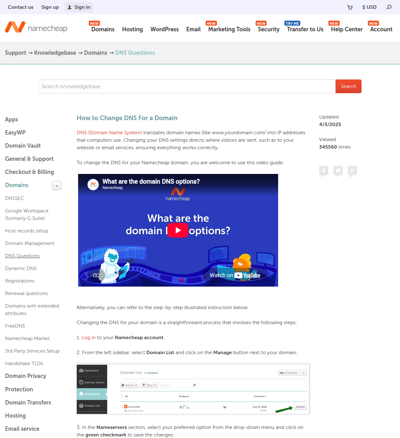 Namecheap knowledge base — change DNS by logging in and clicking Manage