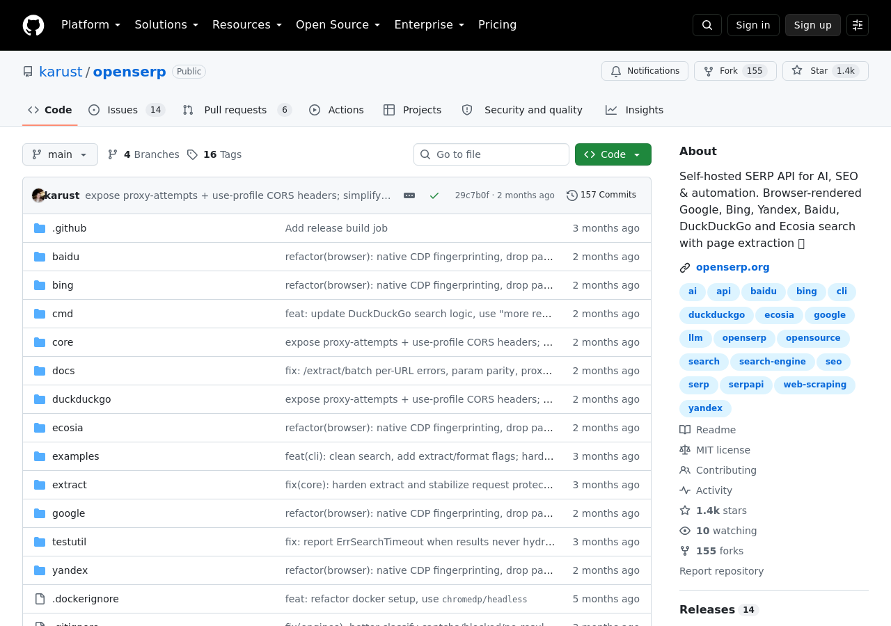 GitHub — karust/openserp, self-hosted SERP API