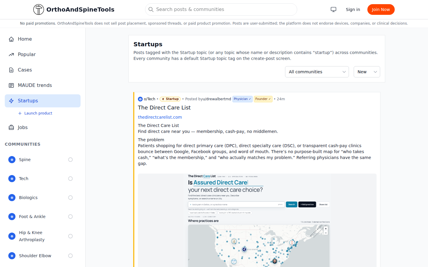 OrthoAndSpineTools startups feed showing a Direct Care List product launch in o/Tech