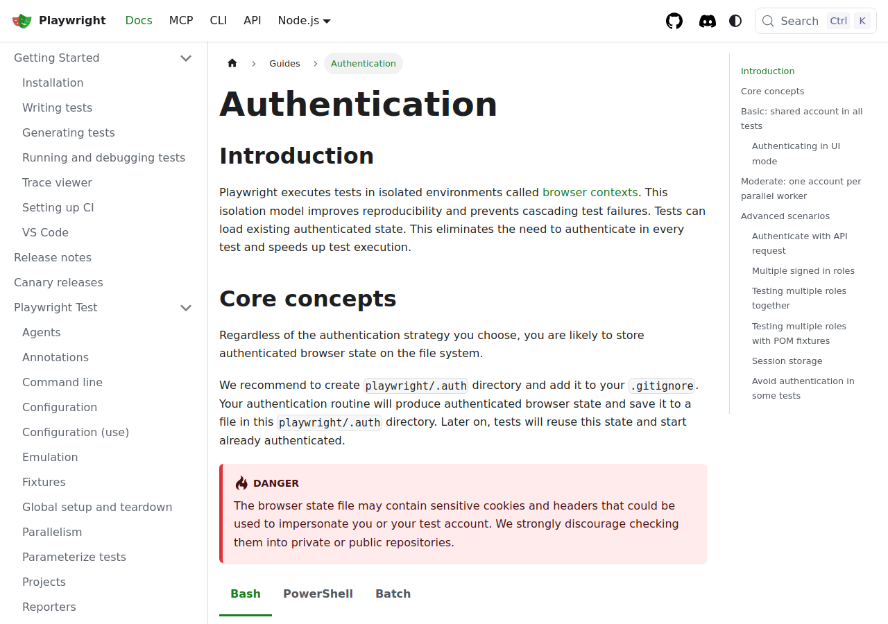 Playwright docs — storage state / persistent auth patterns