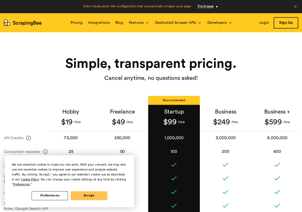 ScrapingBee pricing page — Business plan at $249/mo